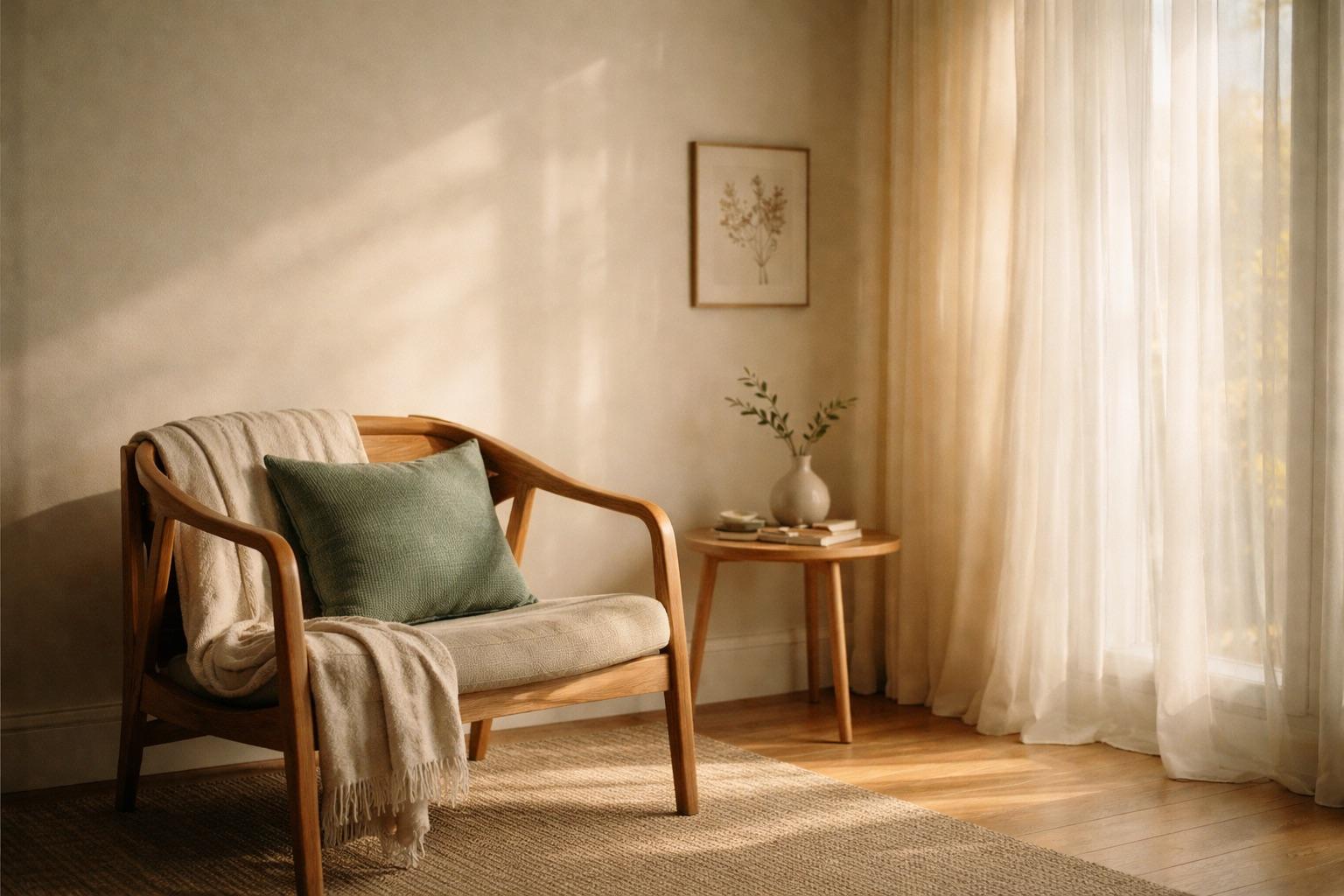 A quiet therapy room in warm afternoon light, a single wooden armchair, soft linen throw, and natural oak floor