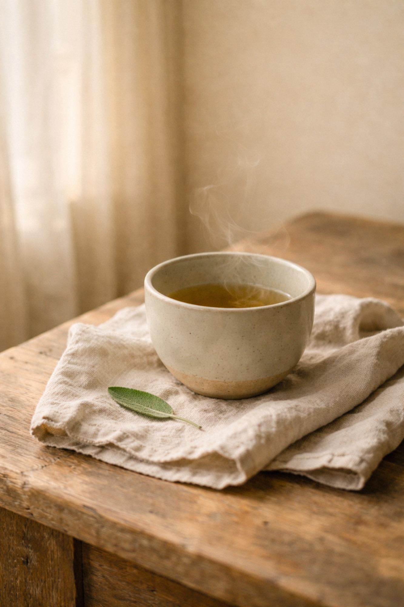A ceramic teacup with steam rising, resting on a linen napkin on a wooden table, a single sage leaf beside it